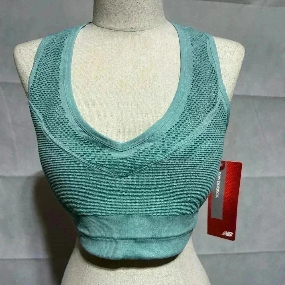 New Balance Sports Bra XL Green Logo Mesh Panel Open T Back *NEW*